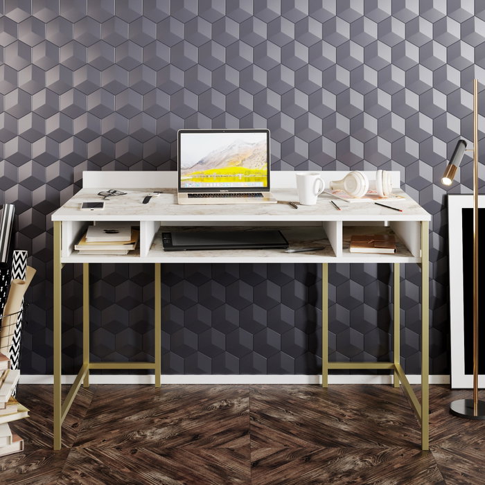 Hanah Home Mesa de Estudio Gold, Escritorio Glamuroso Blanco y Dorado, 120x75x60 cm